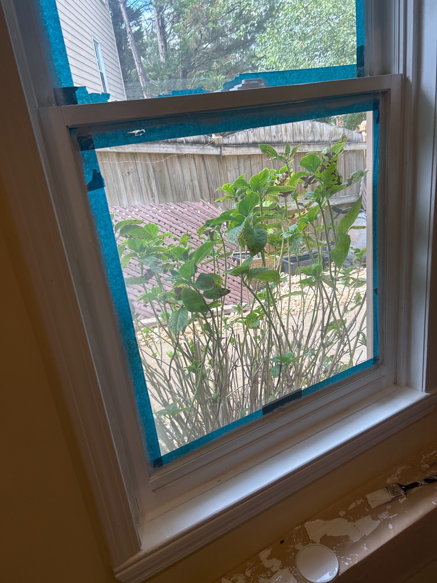 Window with old blue tape before repair